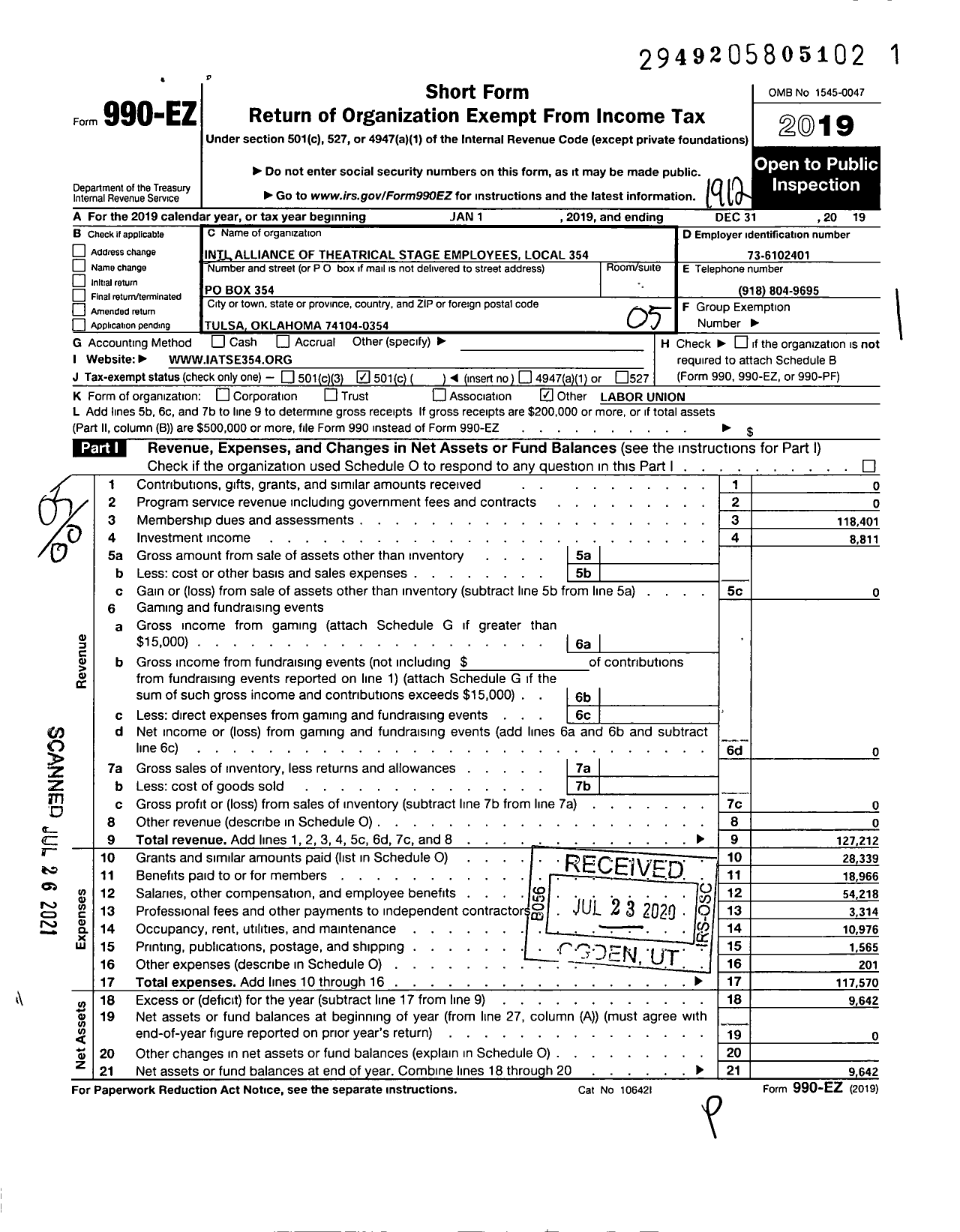 Image of first page of 2019 Form 990EO for International Alliance of Theatrical Stage Employees - 354 Local