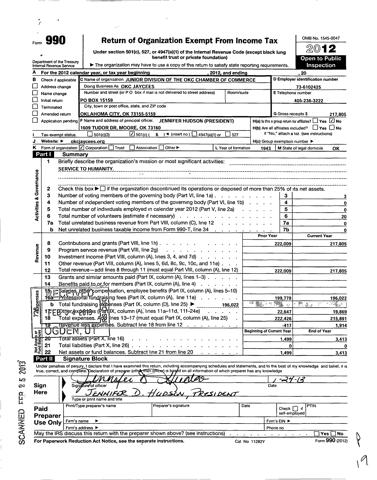 Image of first page of 2012 Form 990O for Junior Division of the Oklahoma City Chamber of Commerce