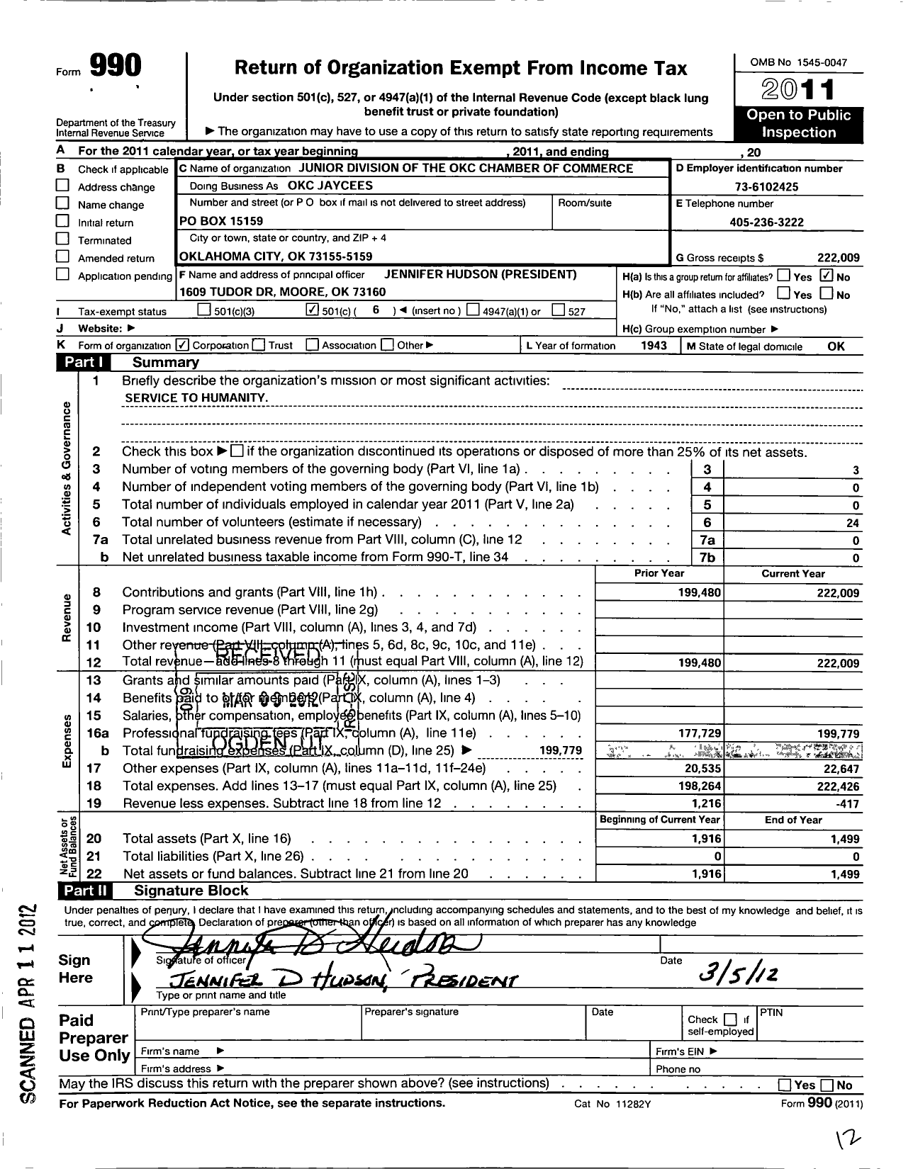 Image of first page of 2011 Form 990O for Junior Division of the Oklahoma City Chamber of Commerce
