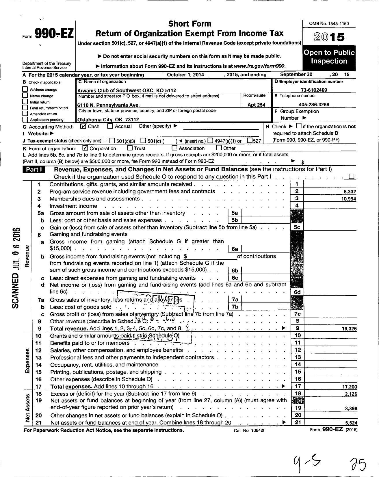 Image of first page of 2014 Form 990EO for Kiwanis International - K05112 Southwest Oklahoma City