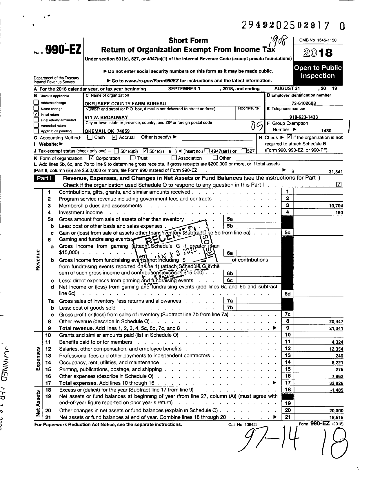 Image of first page of 2018 Form 990EO for Oklahoma Farm Bureau - Okfuskee County