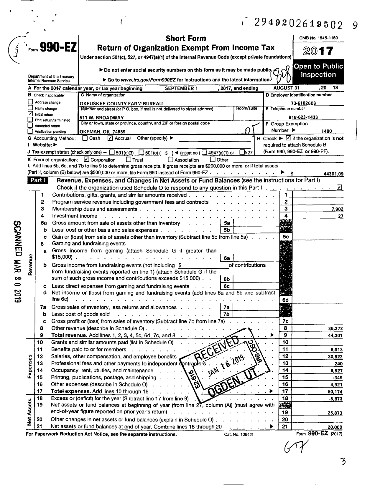 Image of first page of 2017 Form 990EO for Oklahoma Farm Bureau - Okfuskee County