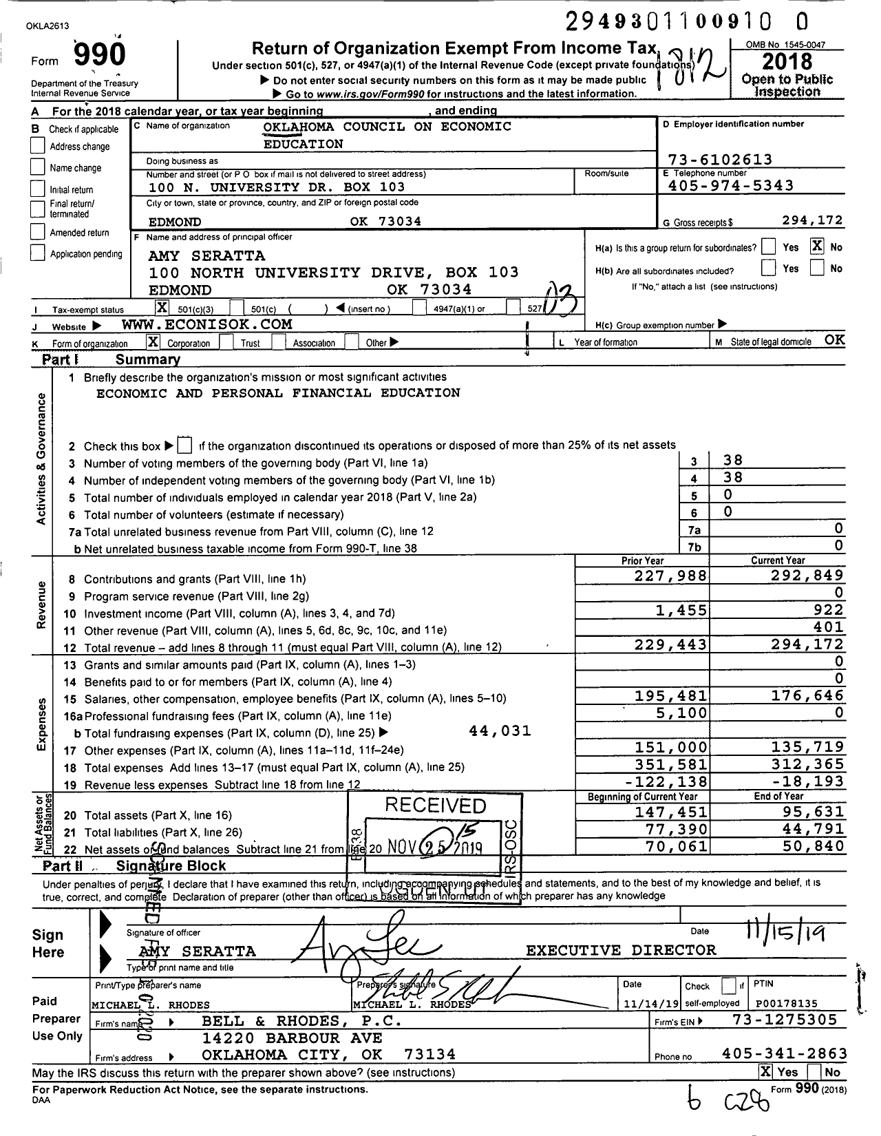 Image of first page of 2018 Form 990 for Oklahoma Council on Economic Education