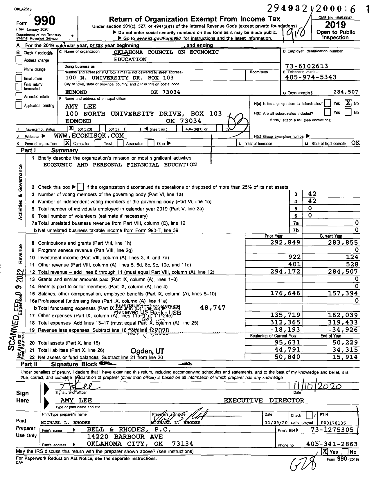 Image of first page of 2019 Form 990 for Oklahoma Council on Economic Education