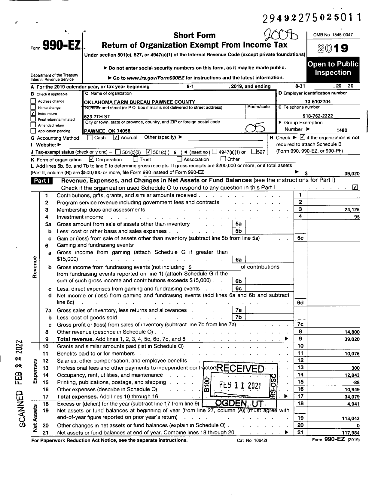 Image of first page of 2019 Form 990EO for Oklahoma Farm Bureau - Pawnee County