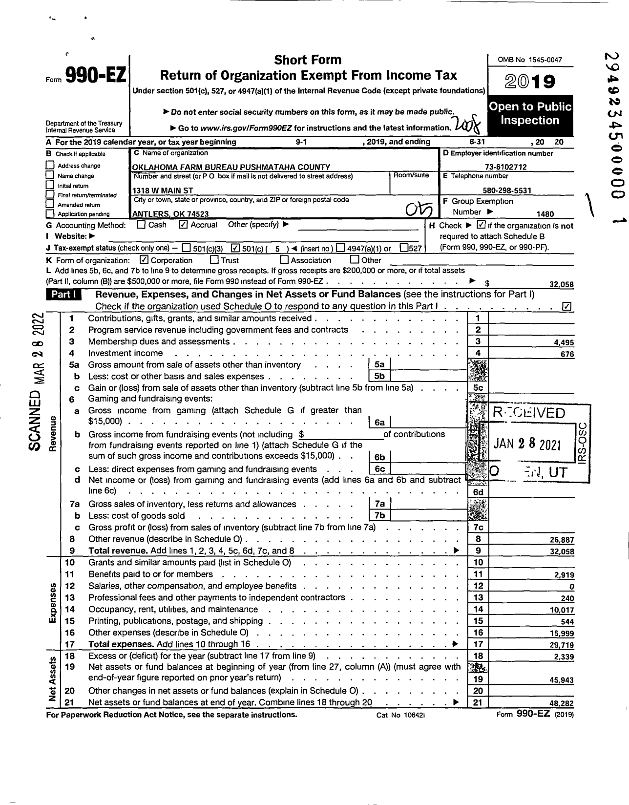 Image of first page of 2019 Form 990EO for Oklahoma Farm Bureau - Pushmataha County