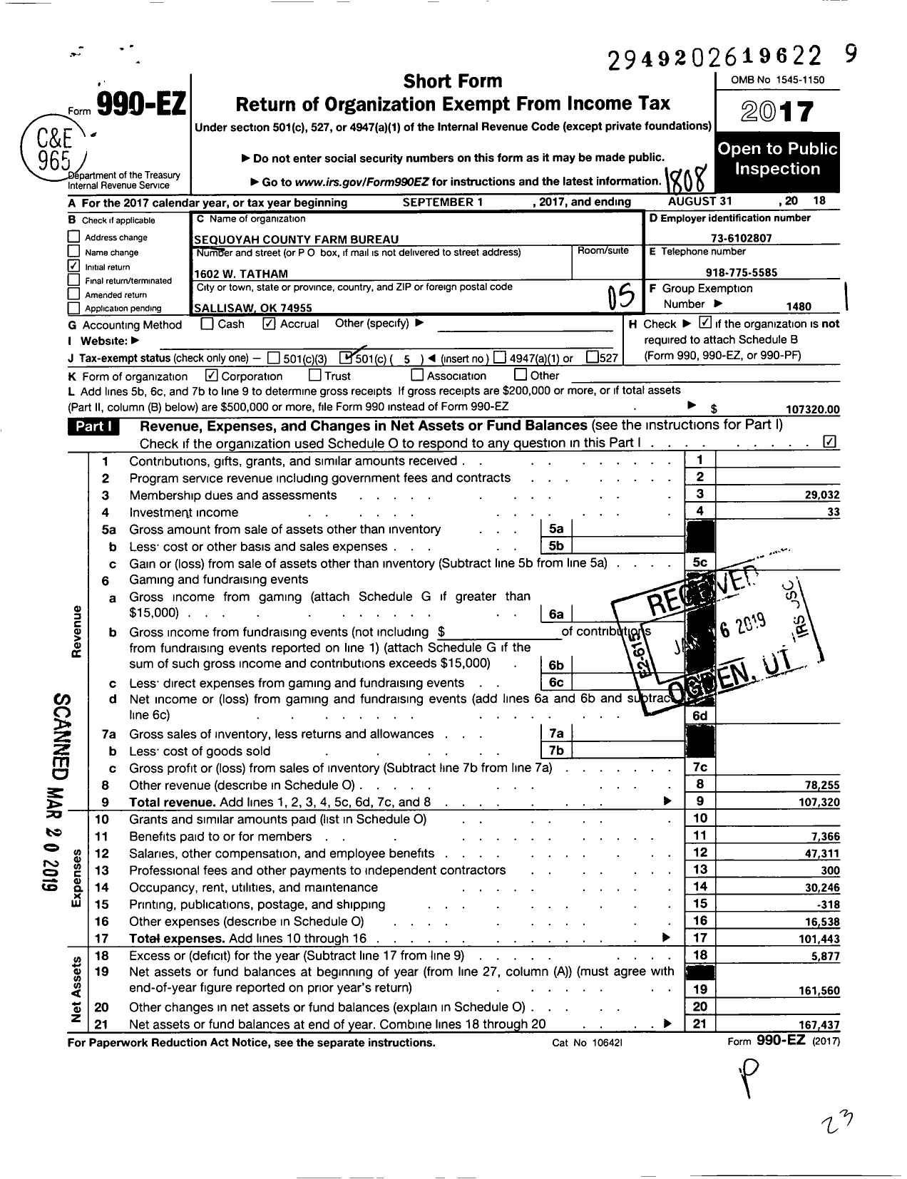 Image of first page of 2017 Form 990EO for Oklahoma Farm Bureau - Sequoyah County