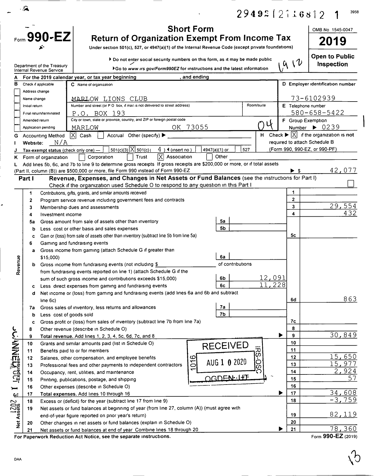 Image of first page of 2019 Form 990EO for Lions Clubs - 1777 Marlow