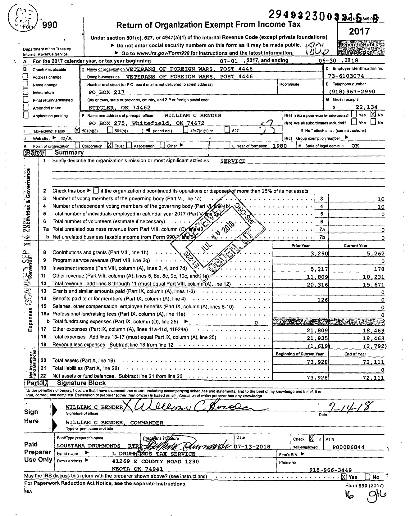 Image of first page of 2017 Form 990 for Veterans of Foreign Wars of the United States Dept of Oklahoma - 4446