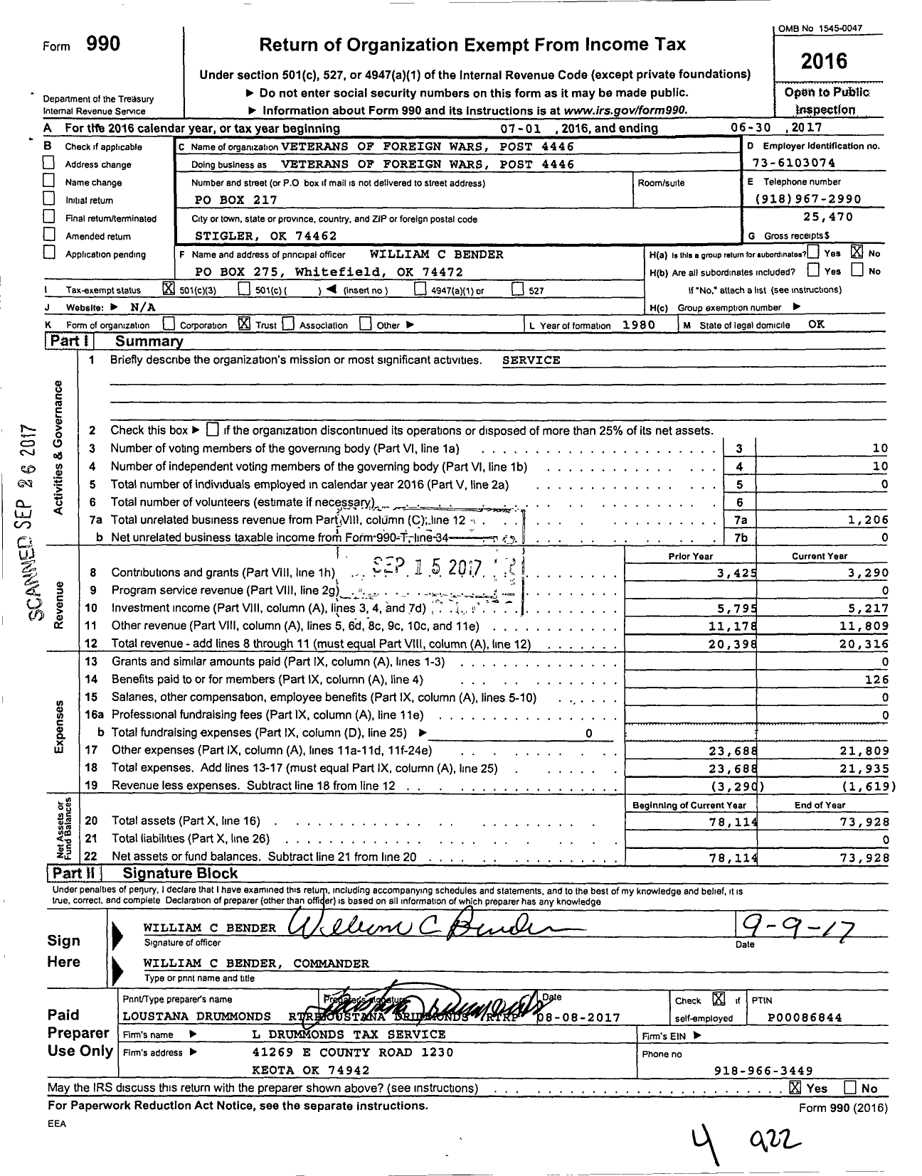 Image of first page of 2016 Form 990 for Veterans of Foreign Wars of the United States Dept of Oklahoma - 4446