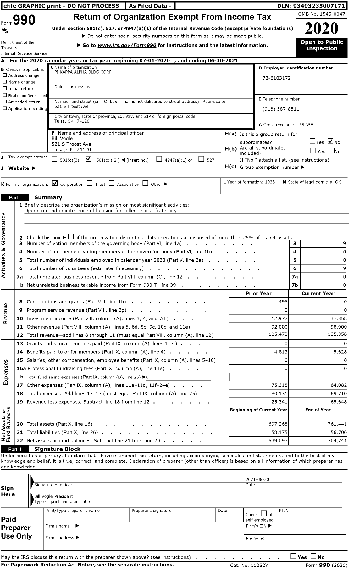 Image of first page of 2020 Form 990O for Pi Kappa Alpha Bldg Corporation