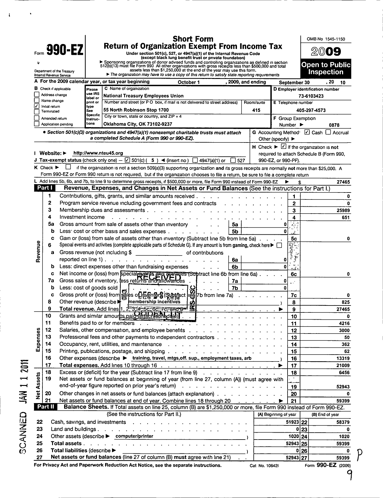 Image of first page of 2009 Form 990EO for National Treasury Employees Union - 45 Chapter Nteu