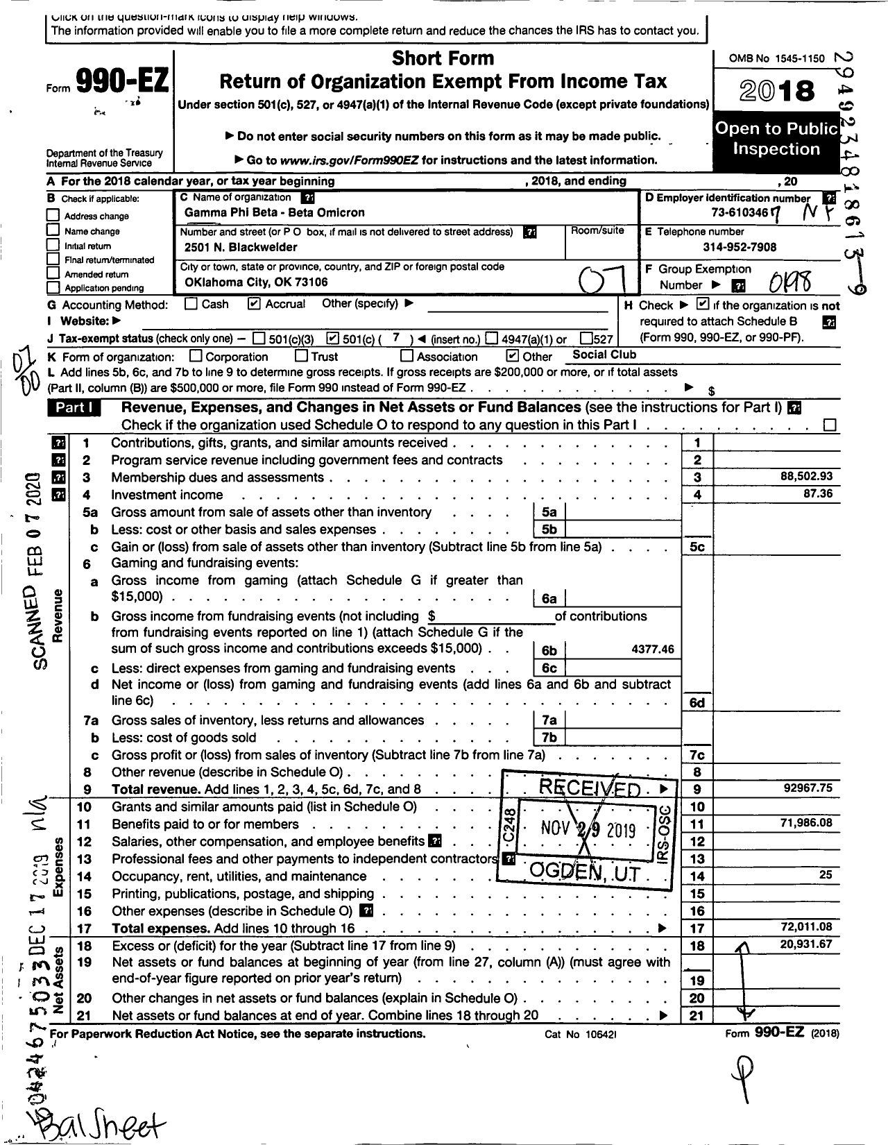 Image of first page of 2018 Form 990EO for GAMMA PHI BETA SORORITY - BETA Omicron Chapter