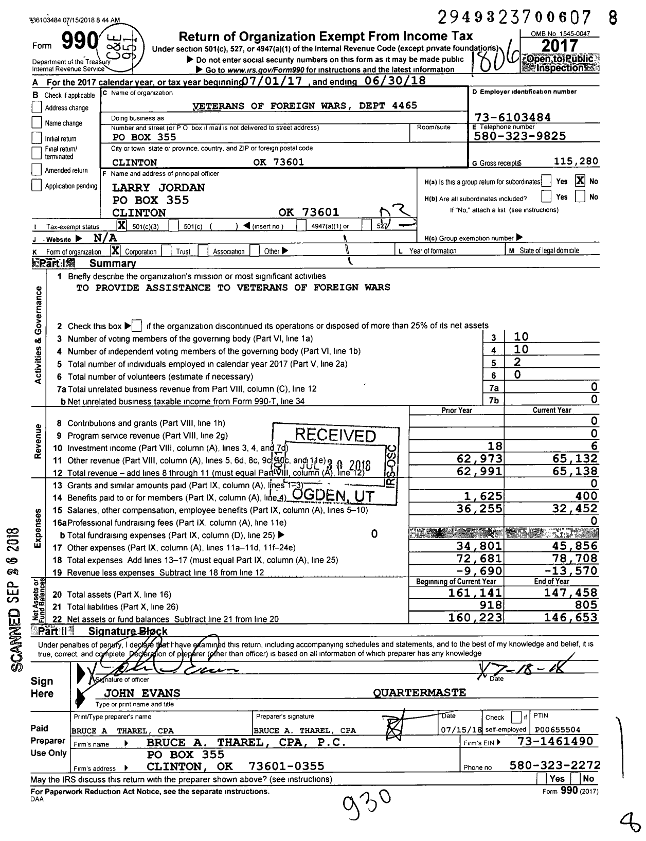 Image of first page of 2017 Form 990 for Veterans of Foreign Wars of the United States Dept of Oklahoma - 4465