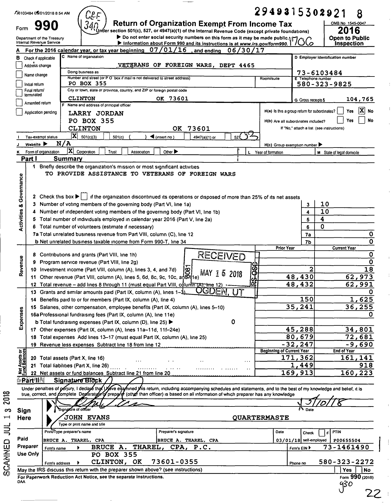 Image of first page of 2016 Form 990 for Veterans of Foreign Wars of the United States Dept of Oklahoma - 4465