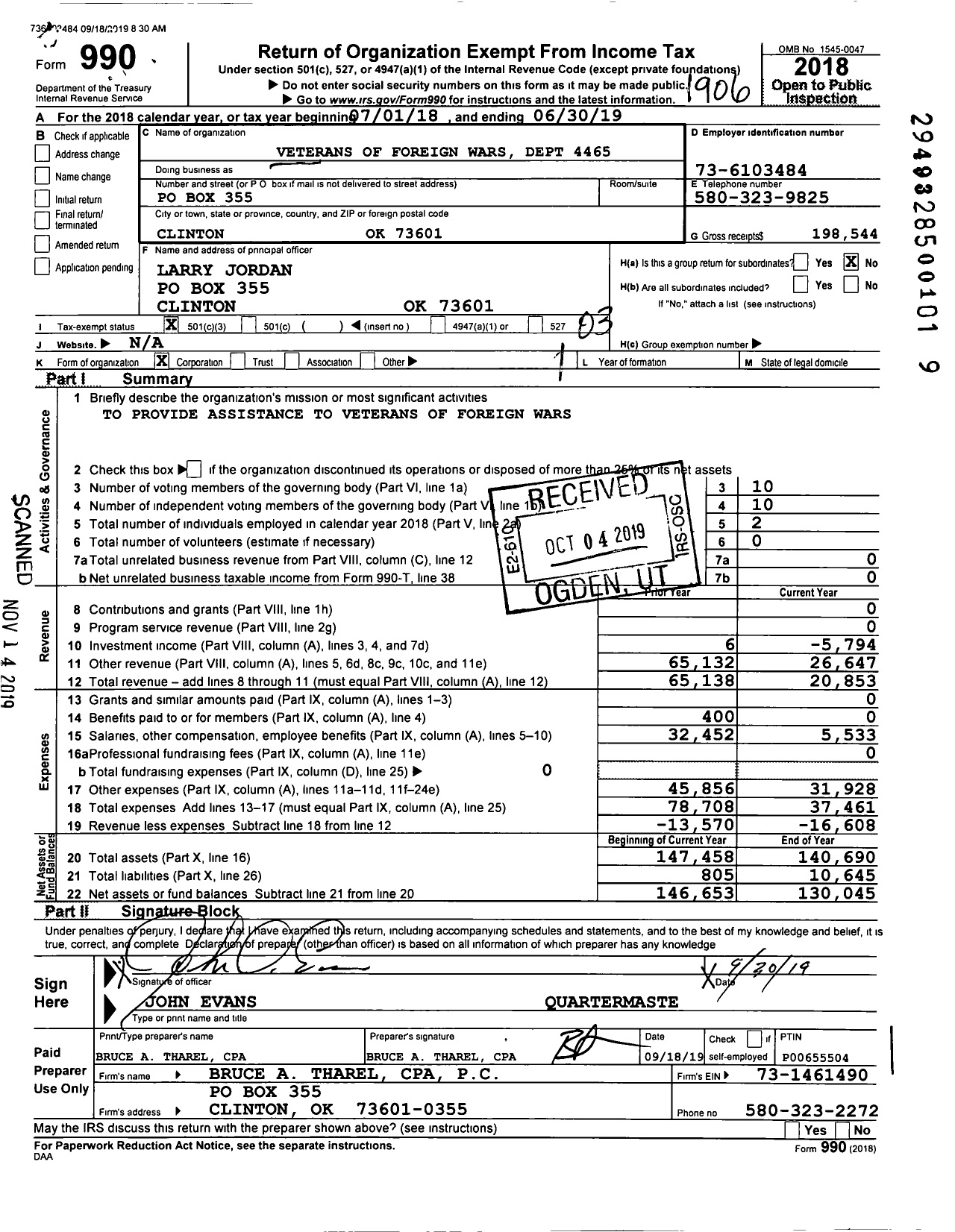 Image of first page of 2018 Form 990 for Veterans of Foreign Wars of the United States Dept of Oklahoma - 4465