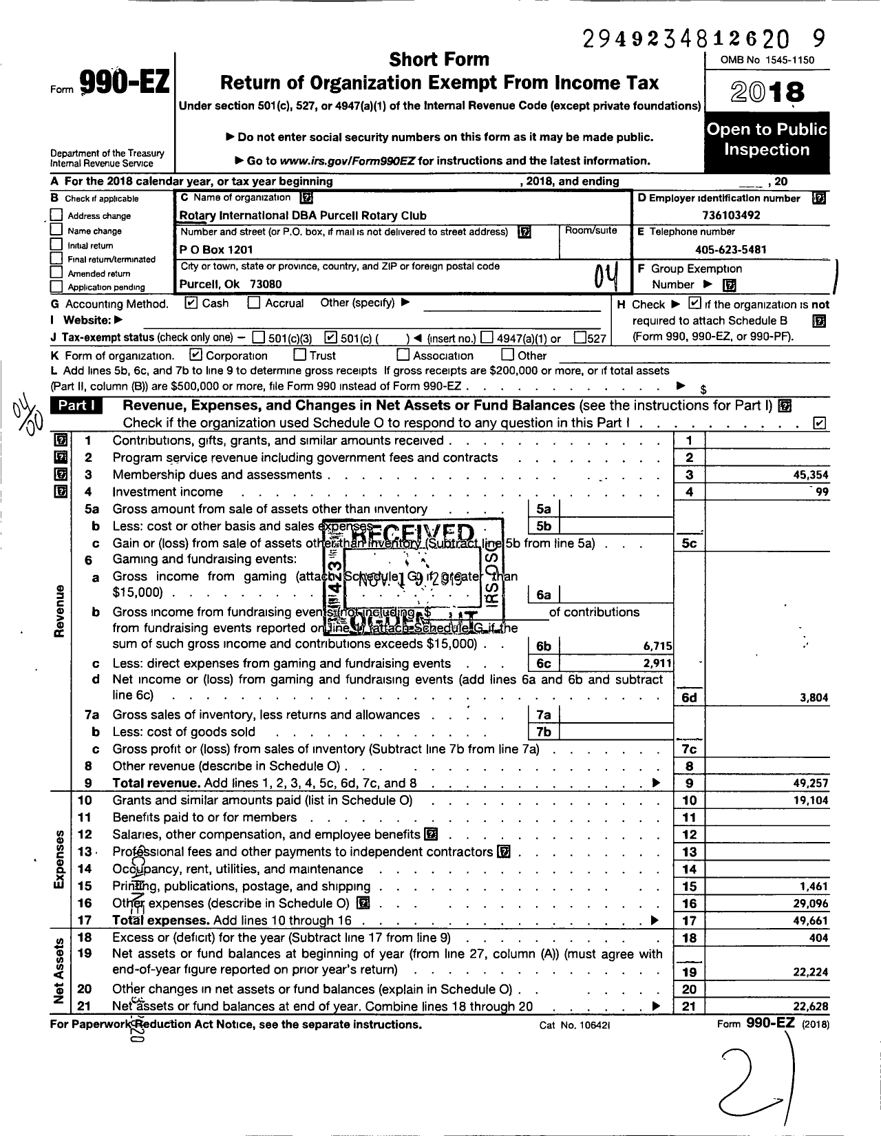 Image of first page of 2018 Form 990EO for Rotary International - Purcell Rotary Club