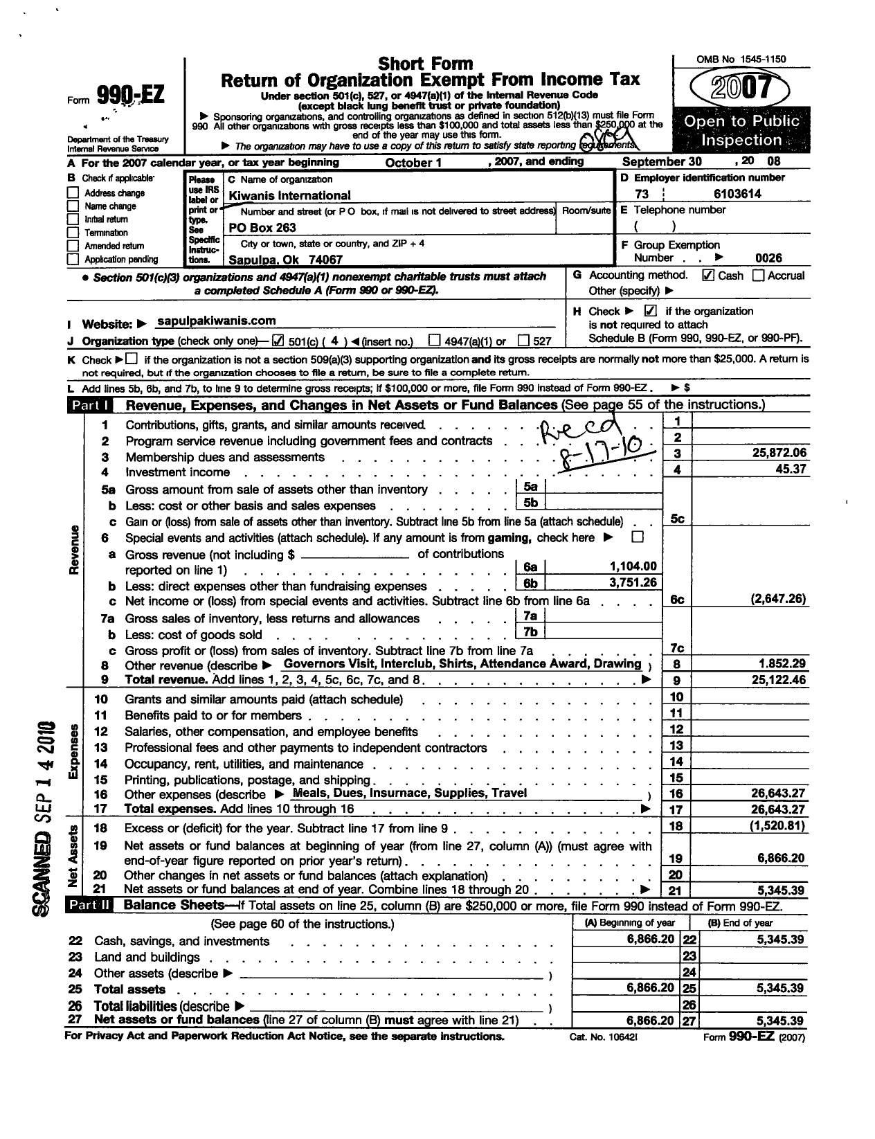 Image of first page of 2007 Form 990EO for Kiwanis International - K02564 Sapulpa