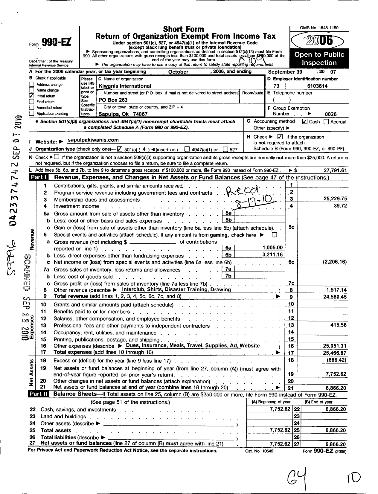 Image of first page of 2006 Form 990EO for Kiwanis International - K02564 Sapulpa