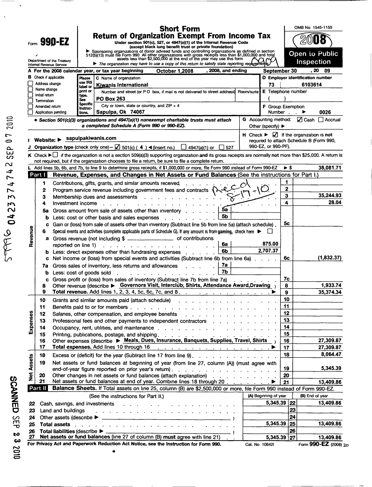 Image of first page of 2008 Form 990EO for Kiwanis International - K02564 Sapulpa