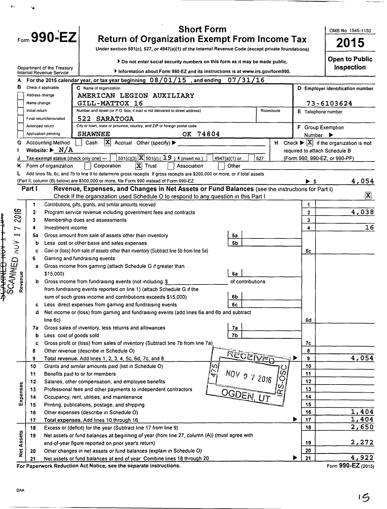 Image of first page of 2015 Form 990EO for American Legion Auxiliary Gill-Mattox Post 16