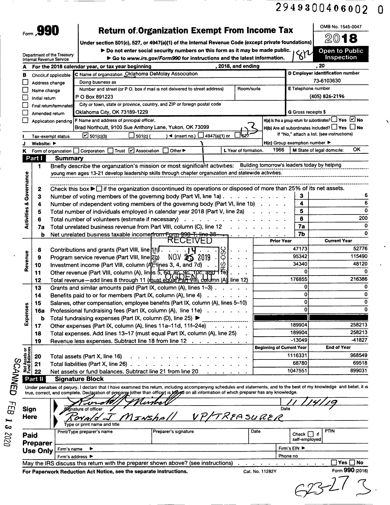 Image of first page of 2018 Form 990 for DEMOLAY INTERNATIONAL - 37999 Oklahoma at Large