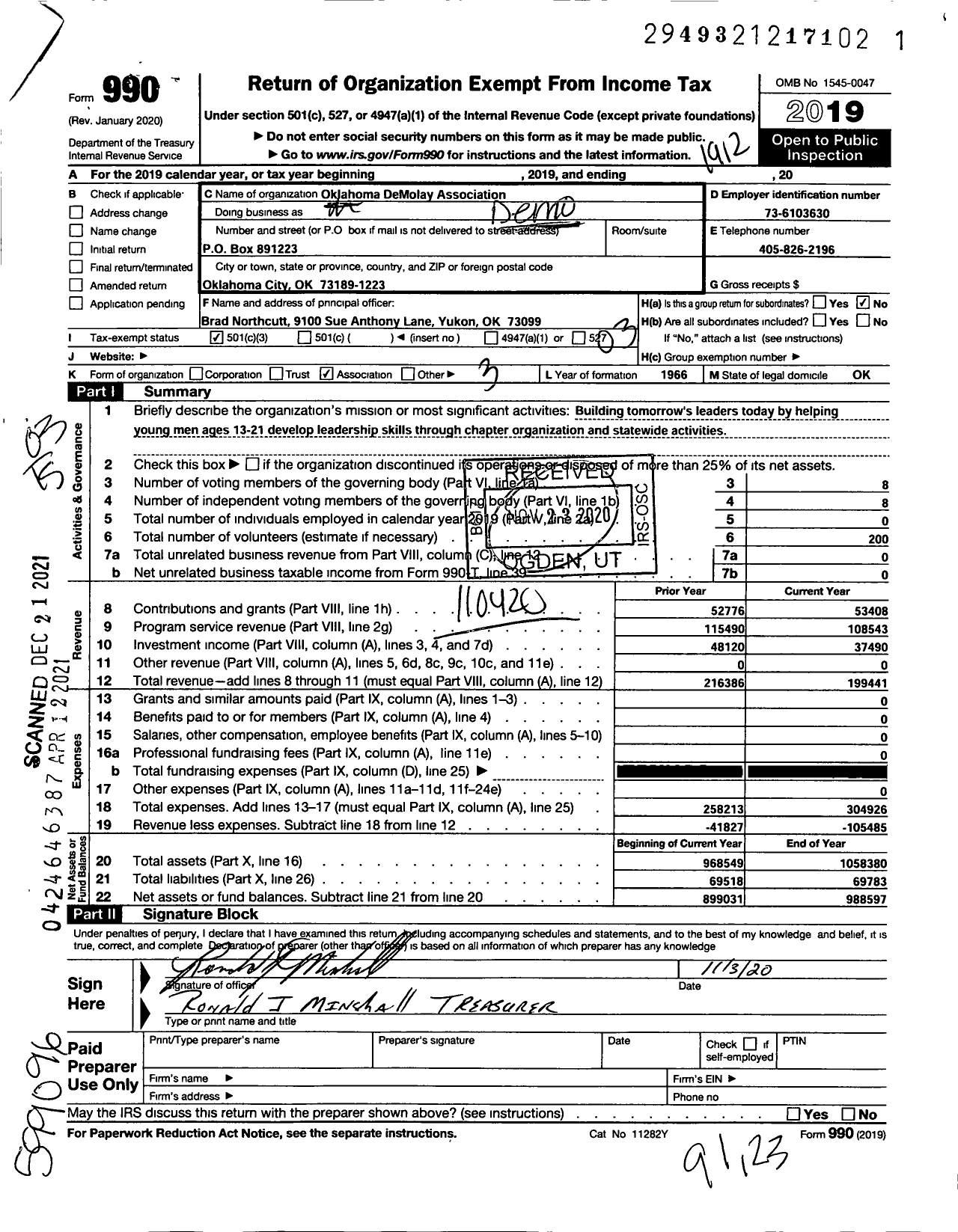 Image of first page of 2019 Form 990 for DEMOLAY INTERNATIONAL - 37999 Oklahoma at Large