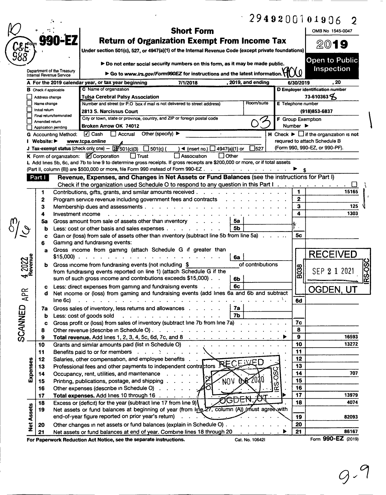 Image of first page of 2018 Form 990EZ for Tulsa Cerebral Palsy Association