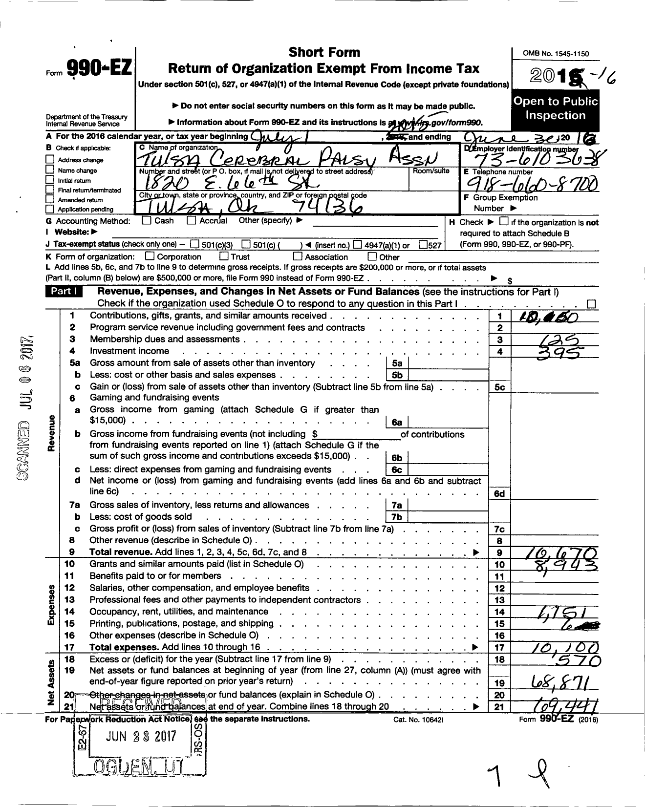 Image of first page of 2015 Form 990EO for Tulsa Cerebral Palsy Association