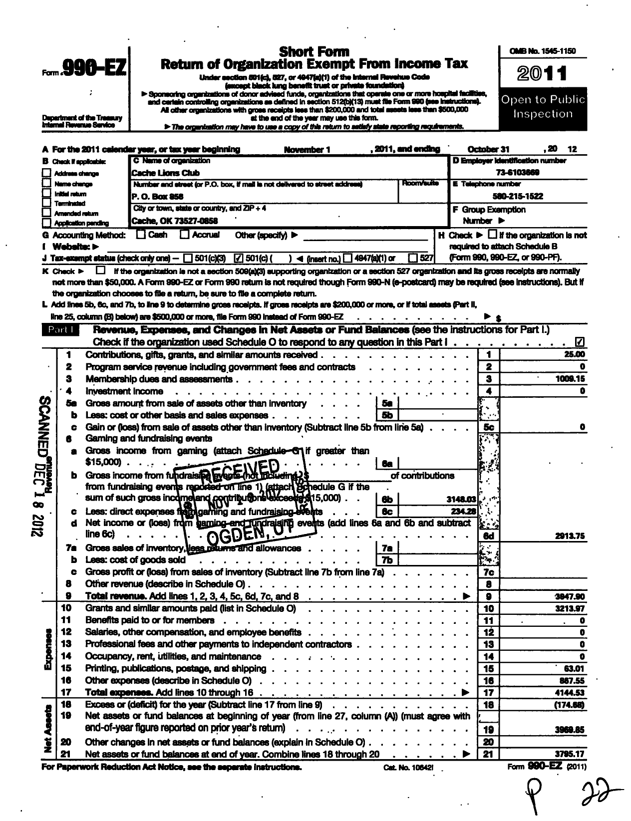 Image of first page of 2011 Form 990EO for Lions Clubs - 1747 Cache