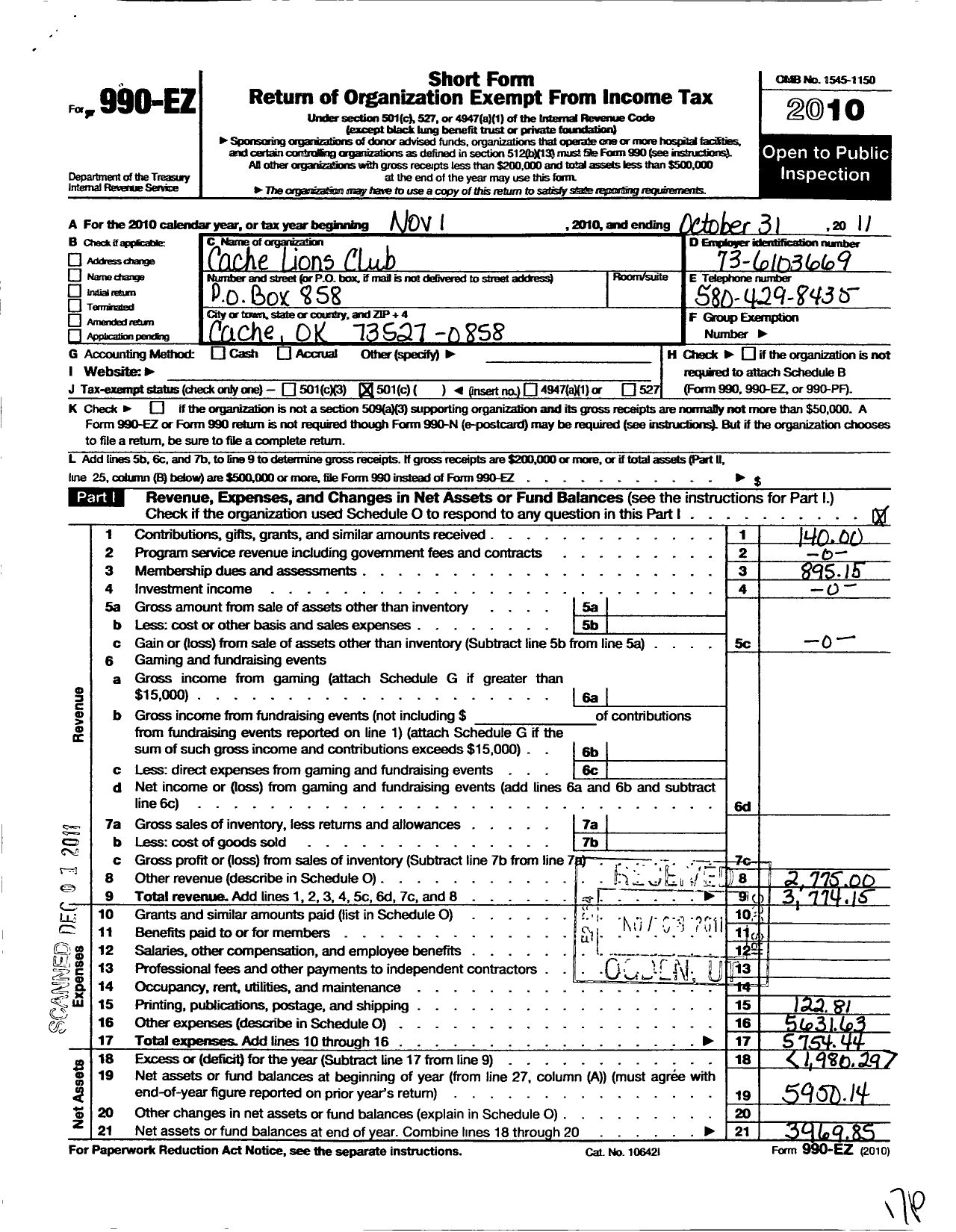 Image of first page of 2010 Form 990EO for Lions Clubs - 1747 Cache