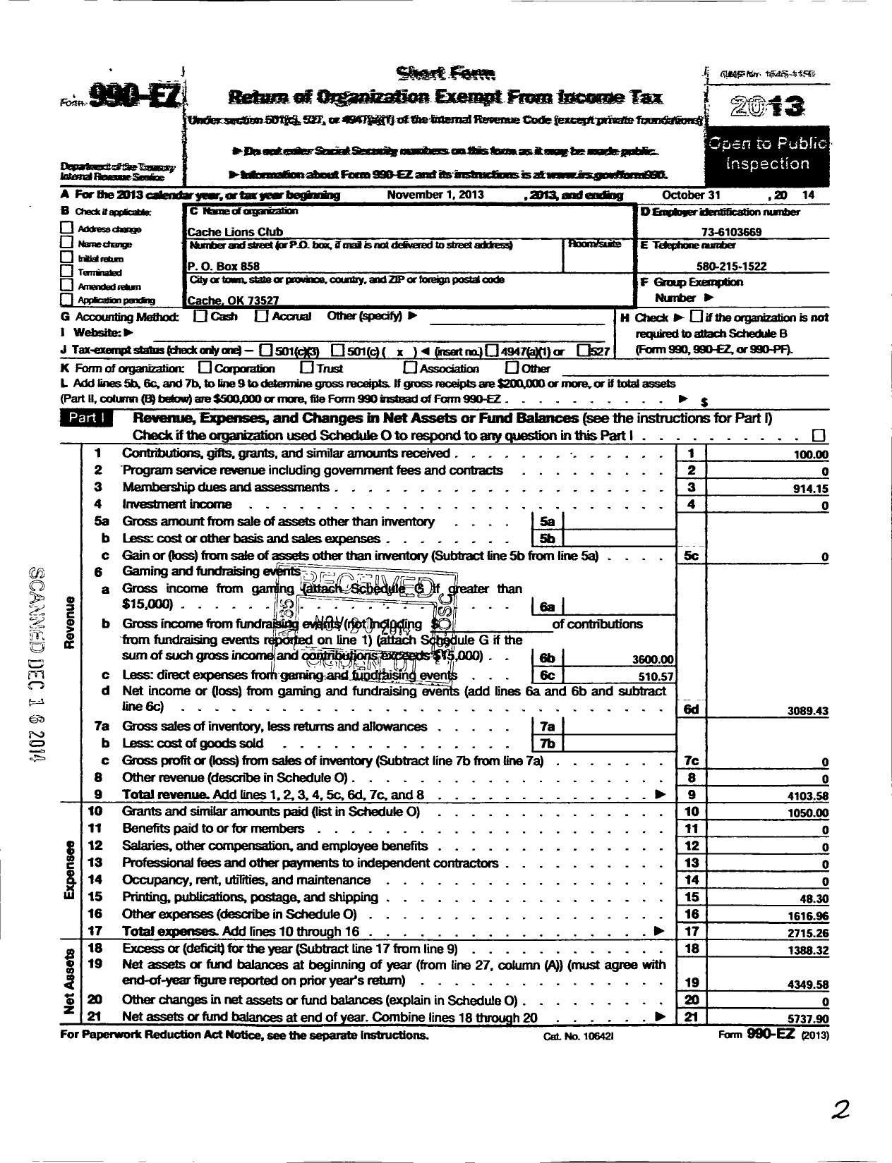 Image of first page of 2013 Form 990EO for Lions Clubs - 1747 Cache