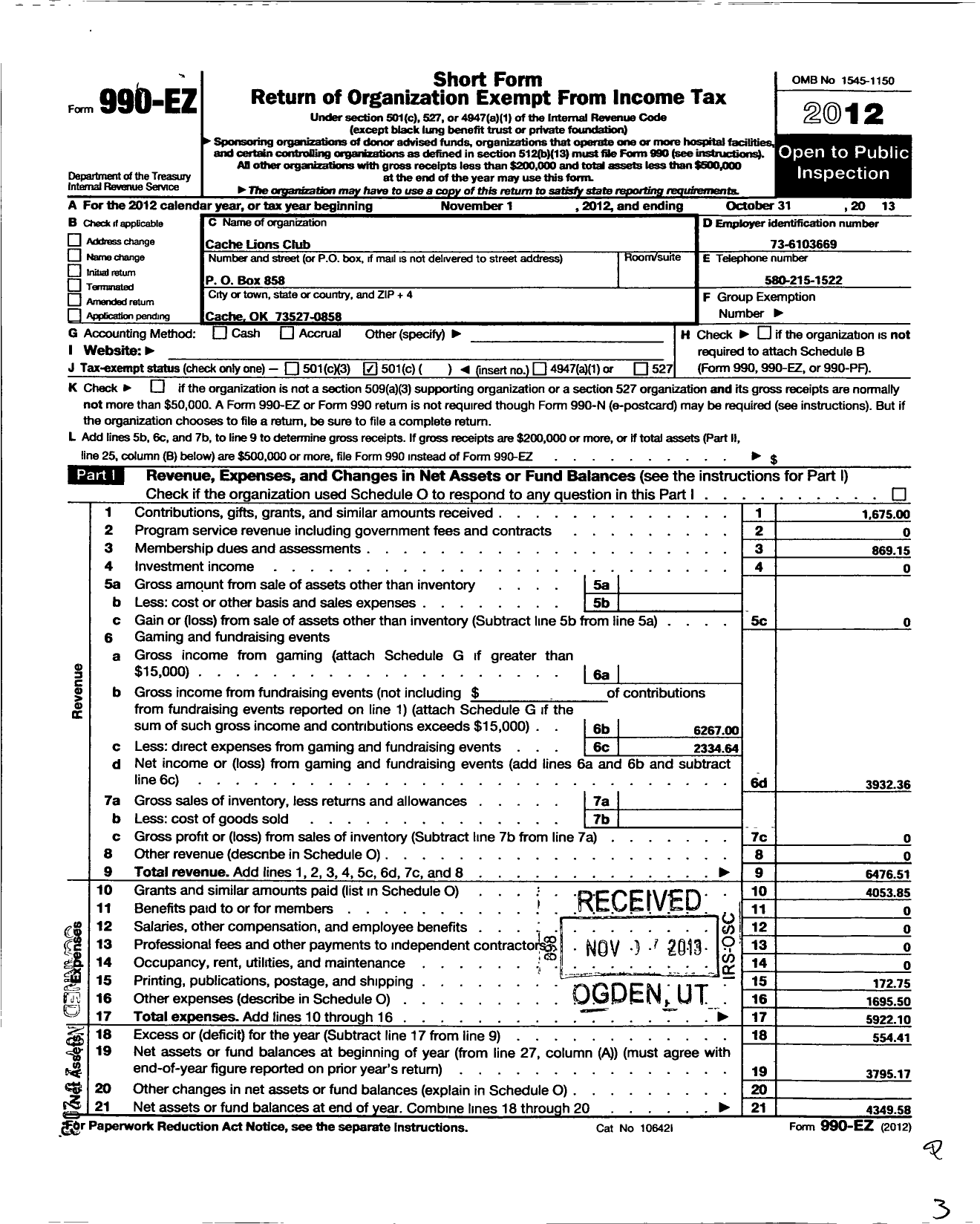 Image of first page of 2012 Form 990EO for Lions Clubs - 1747 Cache