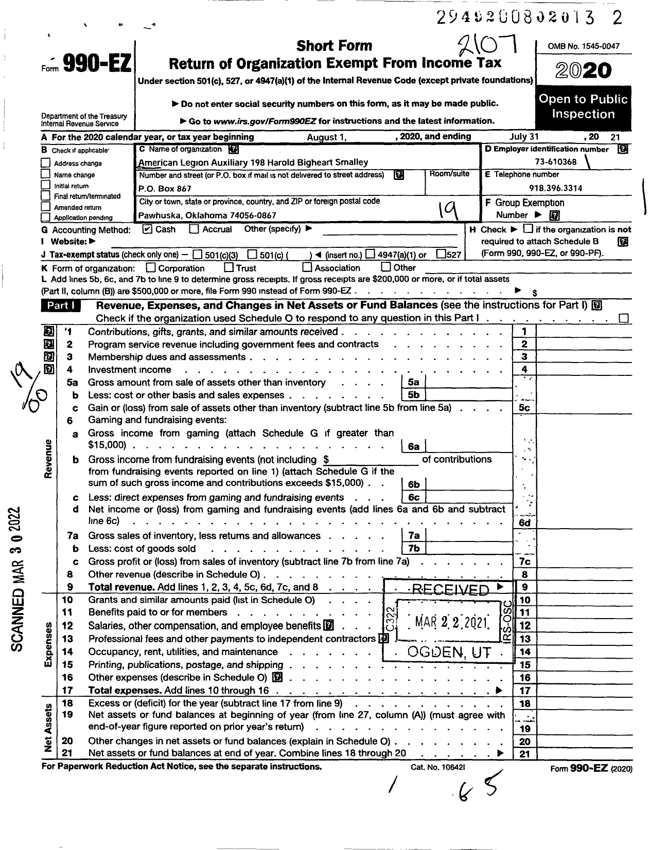 Image of first page of 2020 Form 990EO for American Legion Auxiliary - 198 Harold Bigheart Smalley