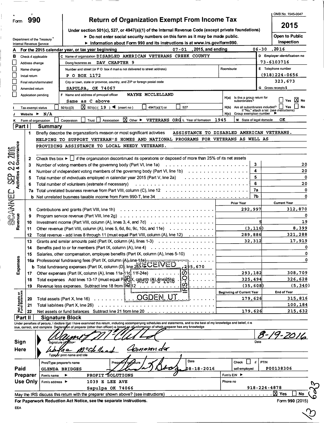 Image of first page of 2015 Form 990O for Disabled American Veterans - Dav Chapter 9