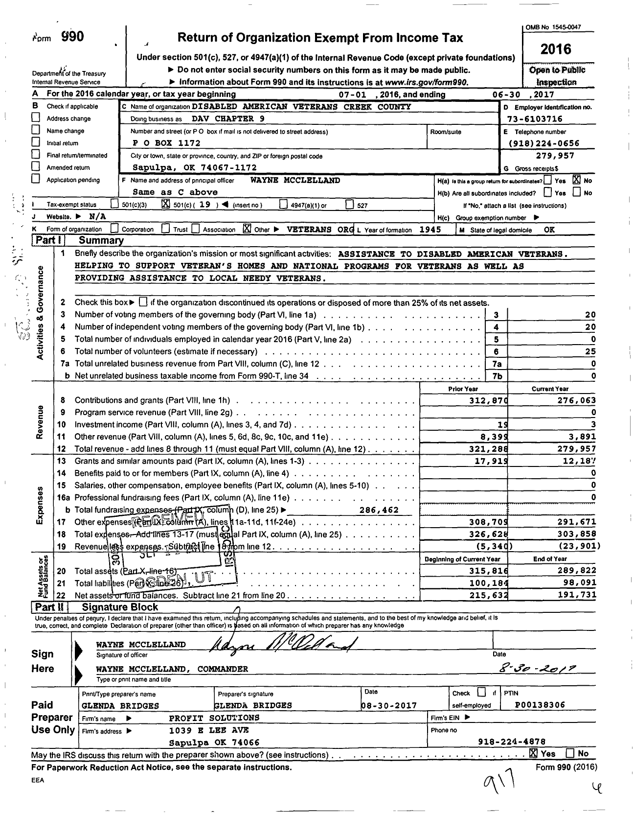 Image of first page of 2016 Form 990O for Disabled American Veterans - Dav Chapter 9