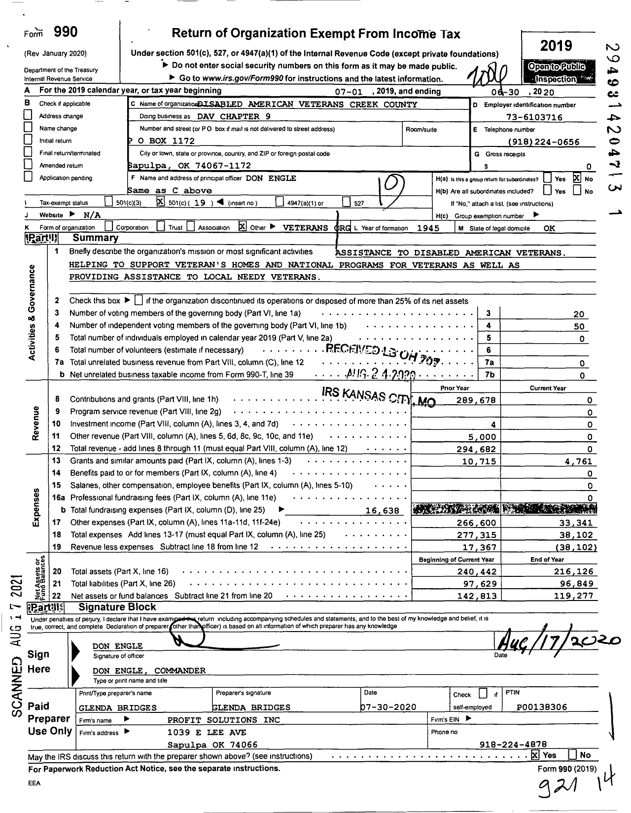 Image of first page of 2019 Form 990O for Disabled American Veterans - Dav Chapter 9