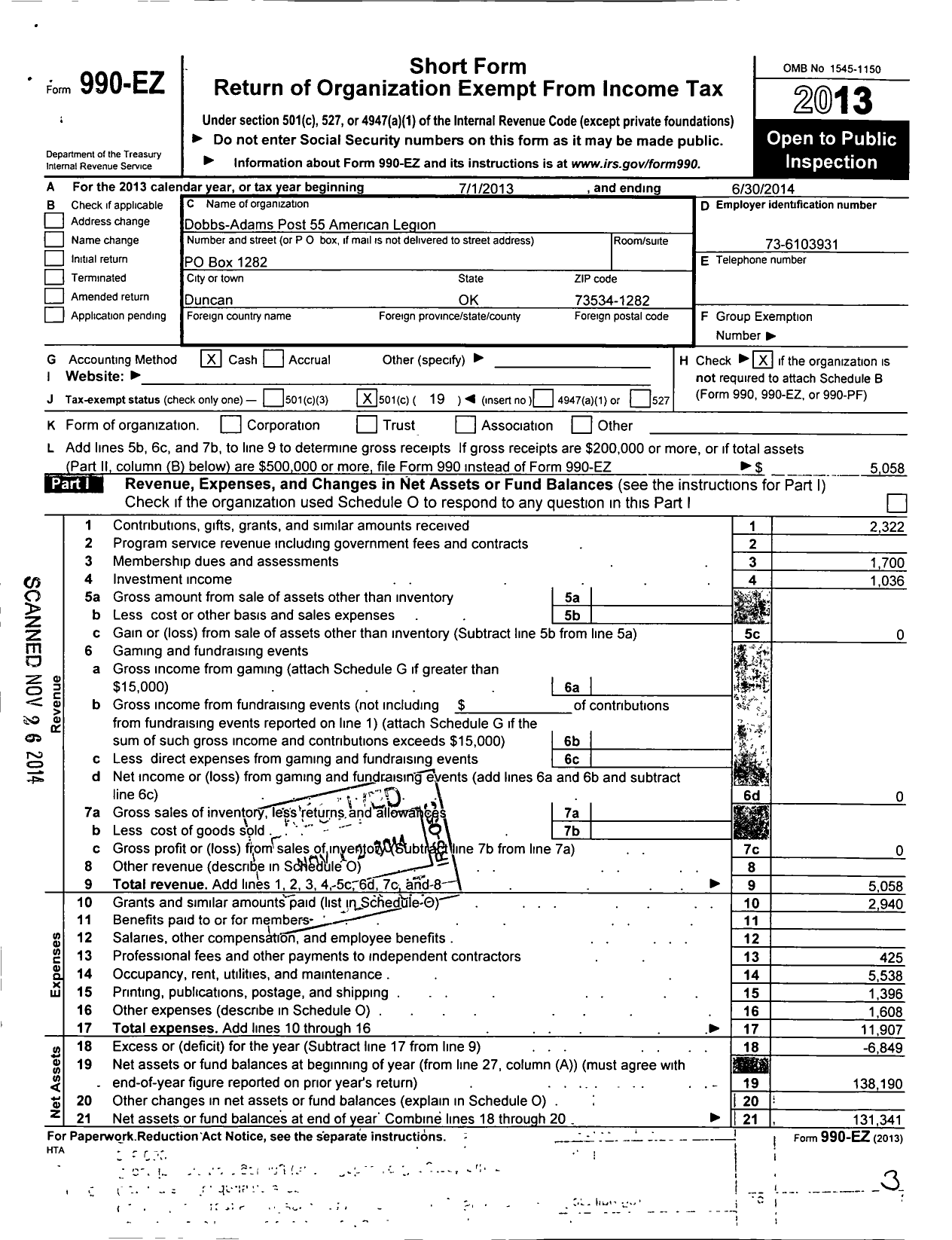 Image of first page of 2013 Form 990EO for American Legion - 55 Post Dobbs-Adams