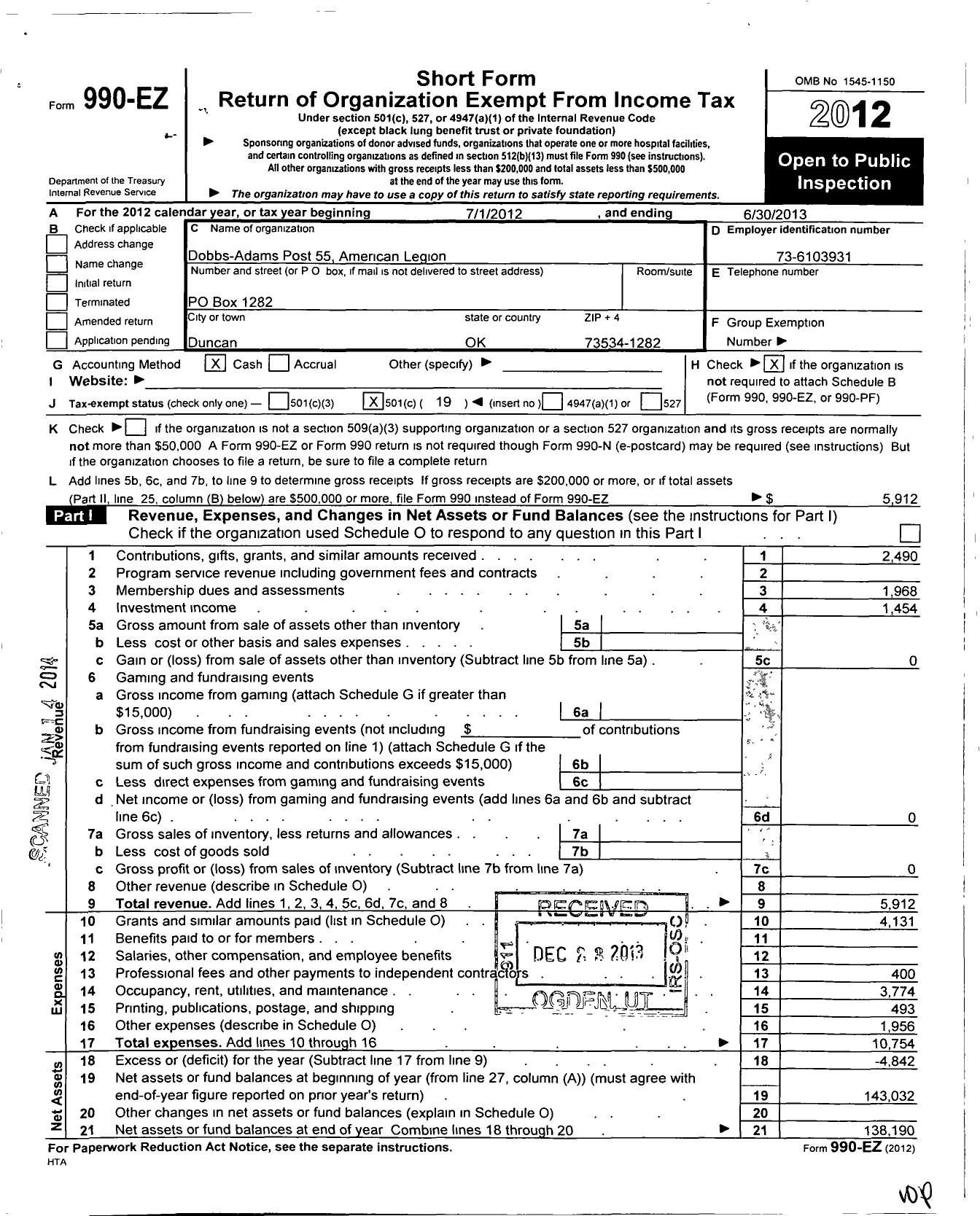 Image of first page of 2012 Form 990EO for American Legion - 55 Post Dobbs-Adams