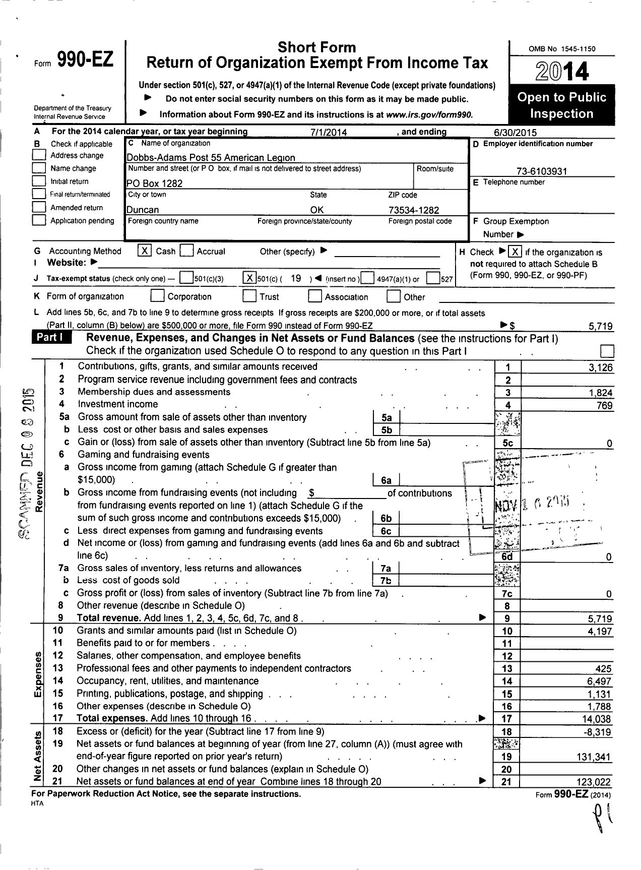 Image of first page of 2014 Form 990EO for American Legion - 55 Post Dobbs-Adams