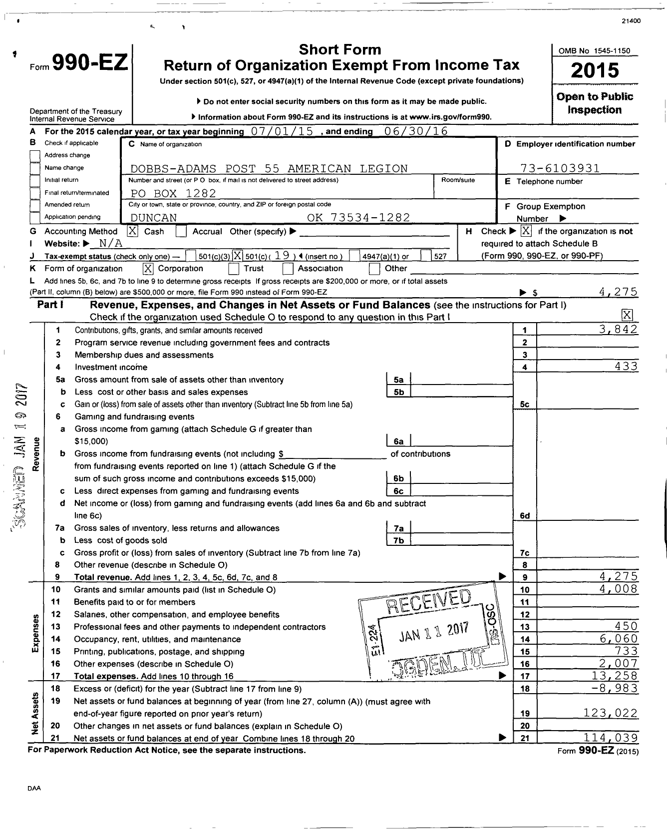 Image of first page of 2015 Form 990EO for American Legion - 55 Post Dobbs-Adams