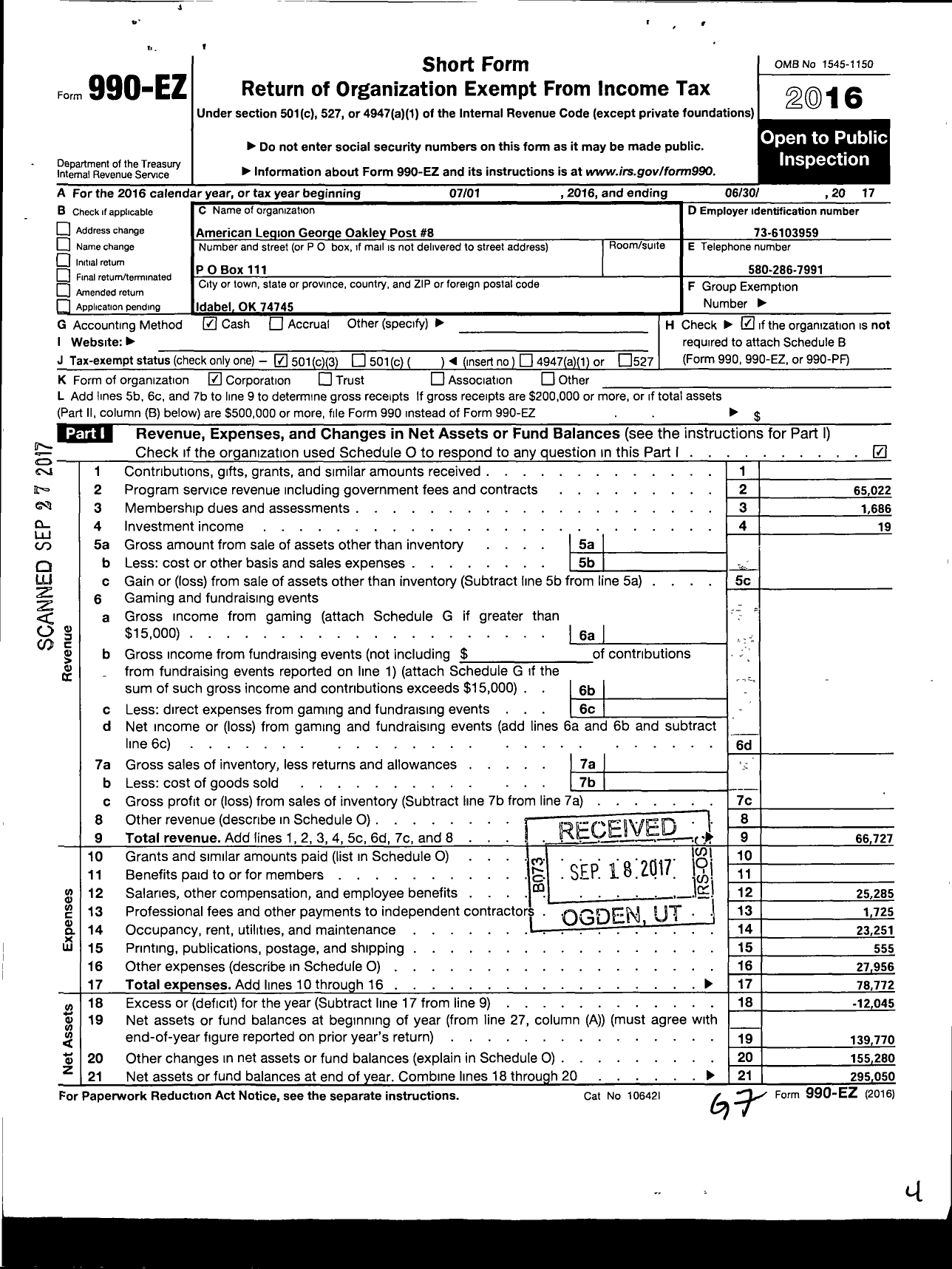 Image of first page of 2016 Form 990EZ for American Legion - 8 George Oakley