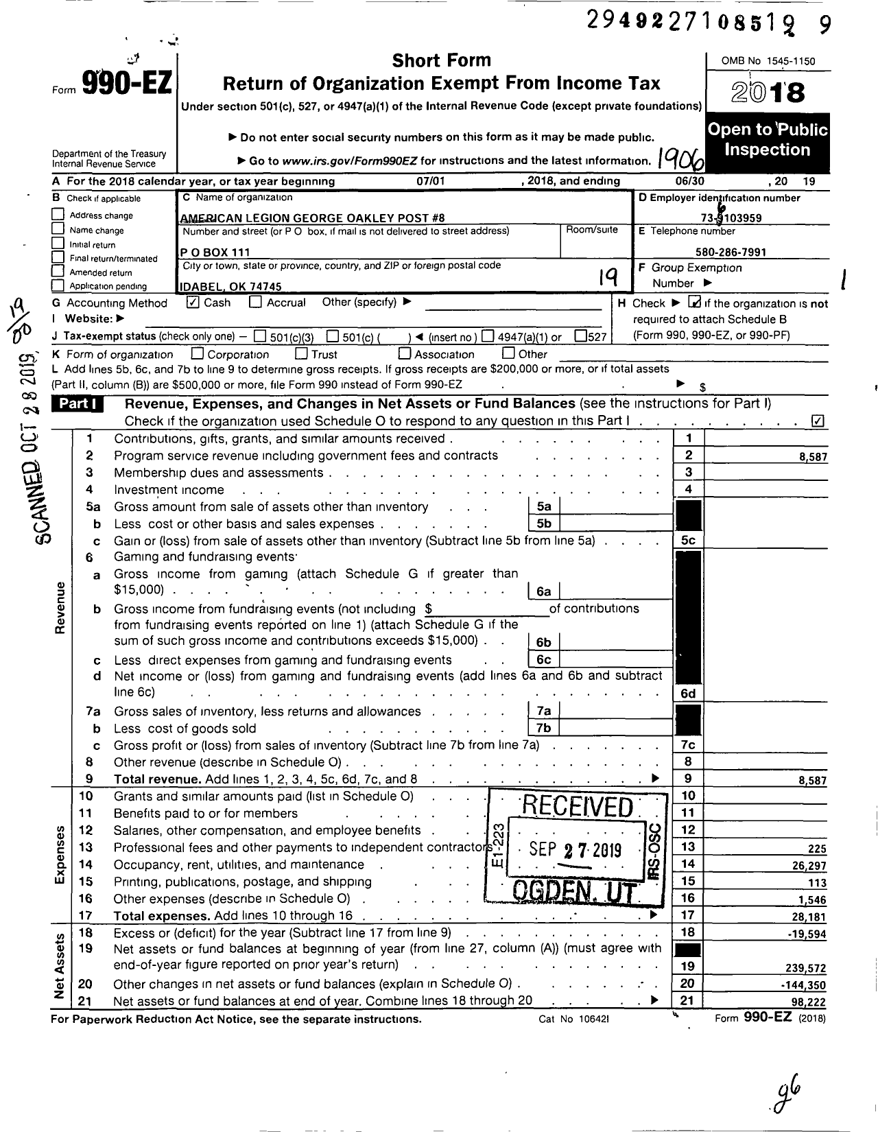 Image of first page of 2018 Form 990EO for American Legion - 8 George Oakley