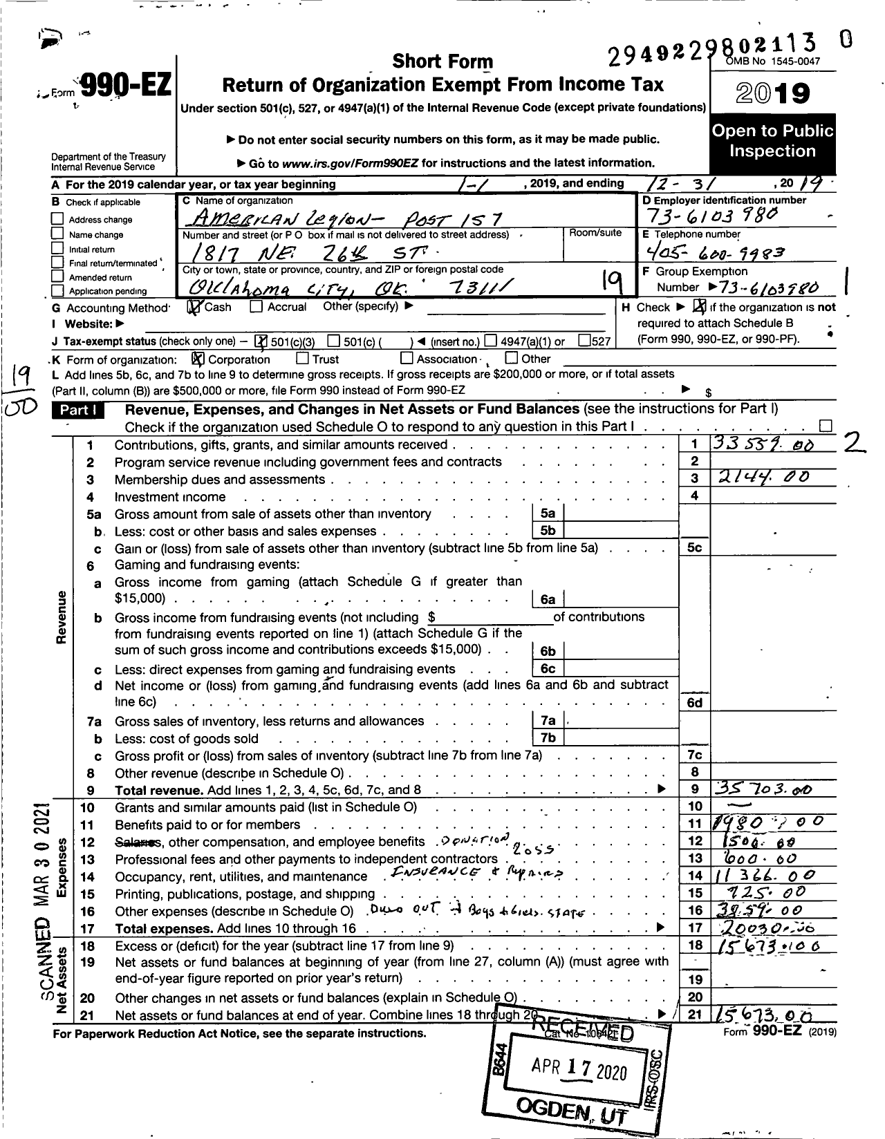 Image of first page of 2019 Form 990EO for American Legion - 0157 James Europe