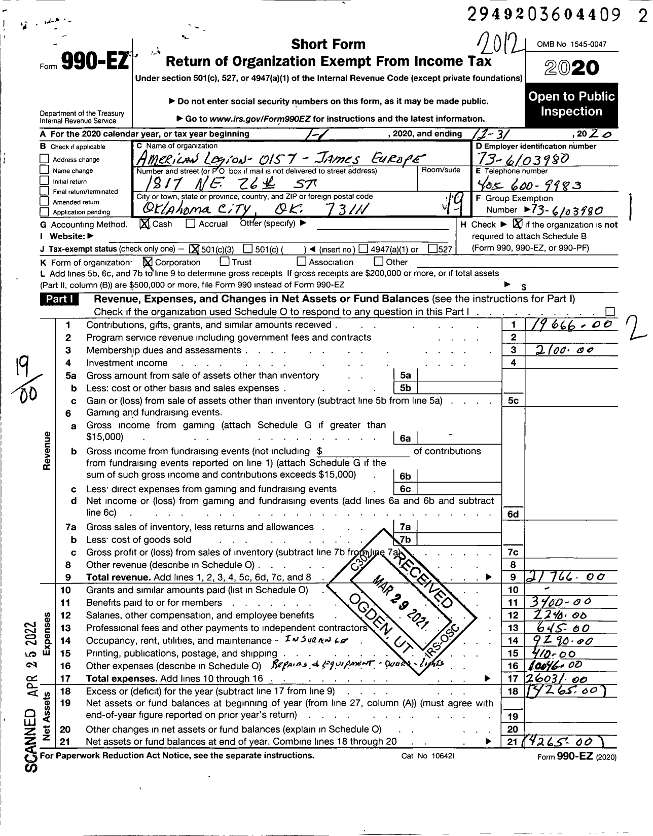 Image of first page of 2020 Form 990EO for American Legion - 0157 James Europe