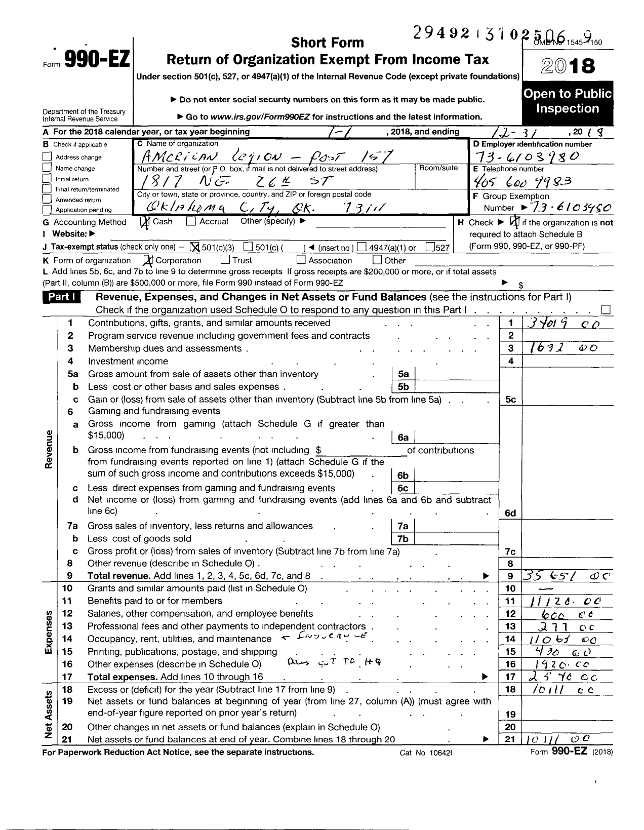 Image of first page of 2018 Form 990EO for American Legion - 0157 James Europe