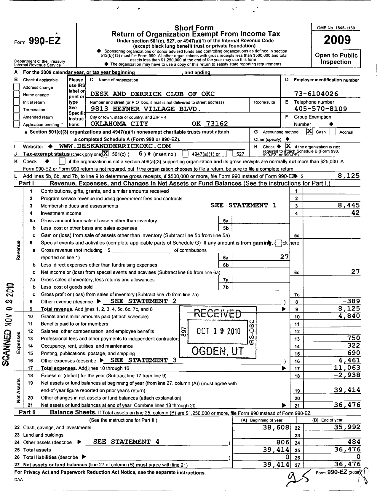 Image of first page of 2009 Form 990EO for Association of Desk and Derrick Clubs / Oklahoma City