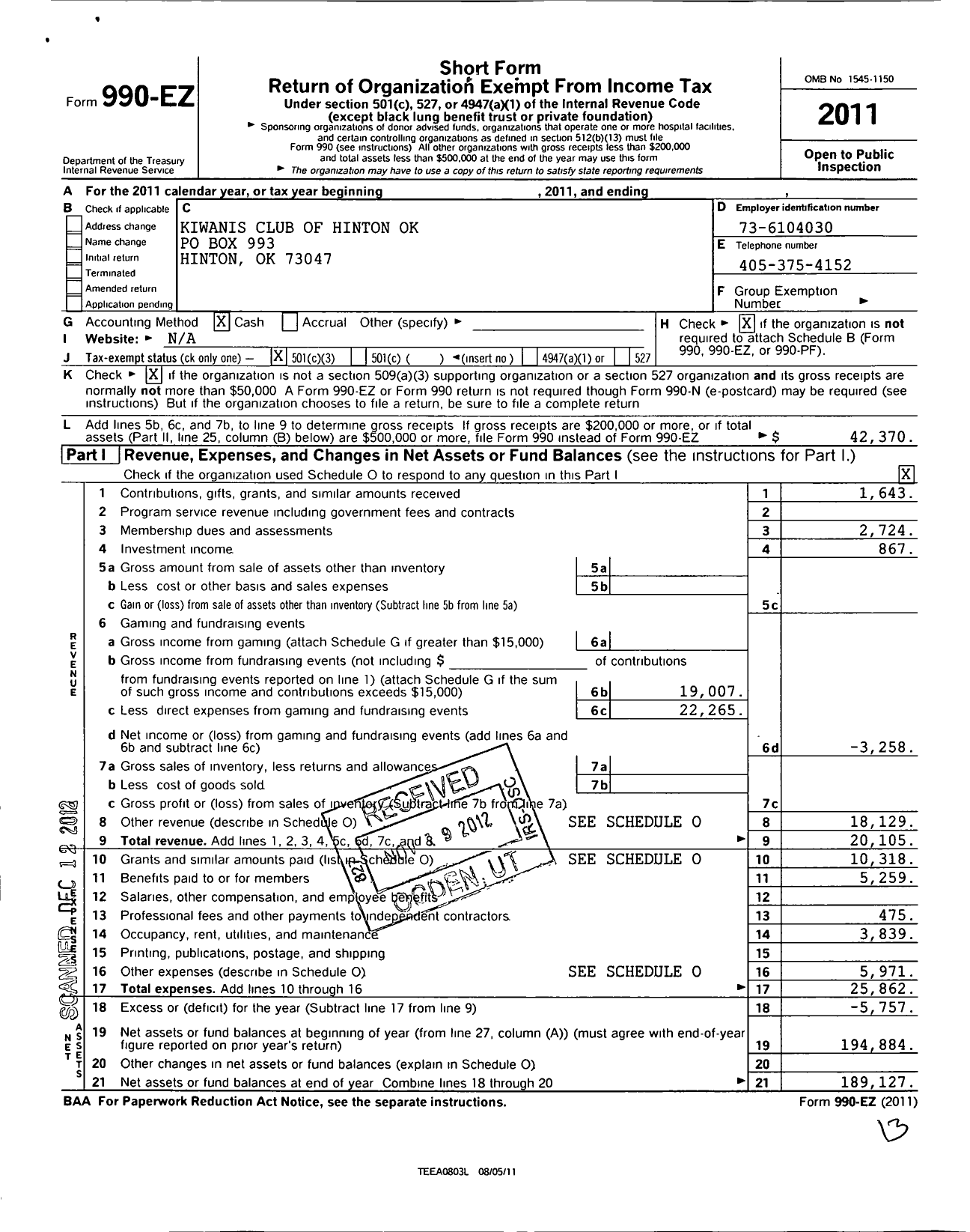 Image of first page of 2011 Form 990EZ for Kiwanis International - K01853 Hinton