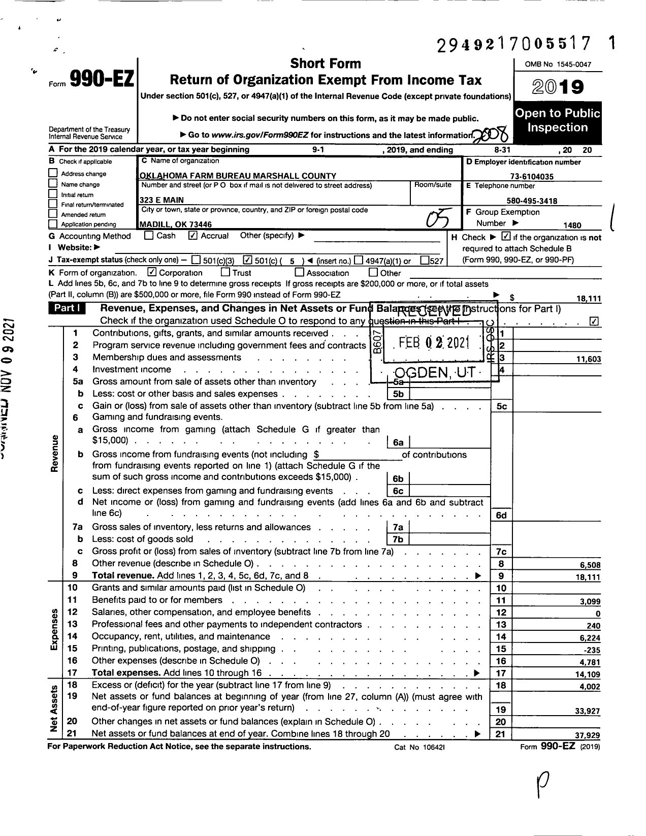 Image of first page of 2019 Form 990EO for Oklahoma Farm Bureau - Marshall County