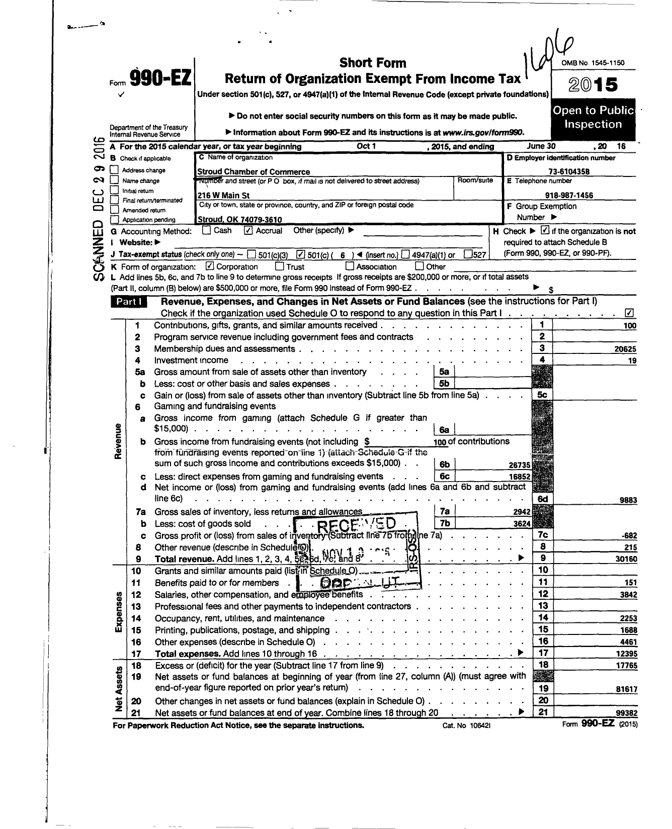 Image of first page of 2015 Form 990EO for Stroud Chamber of Commerce